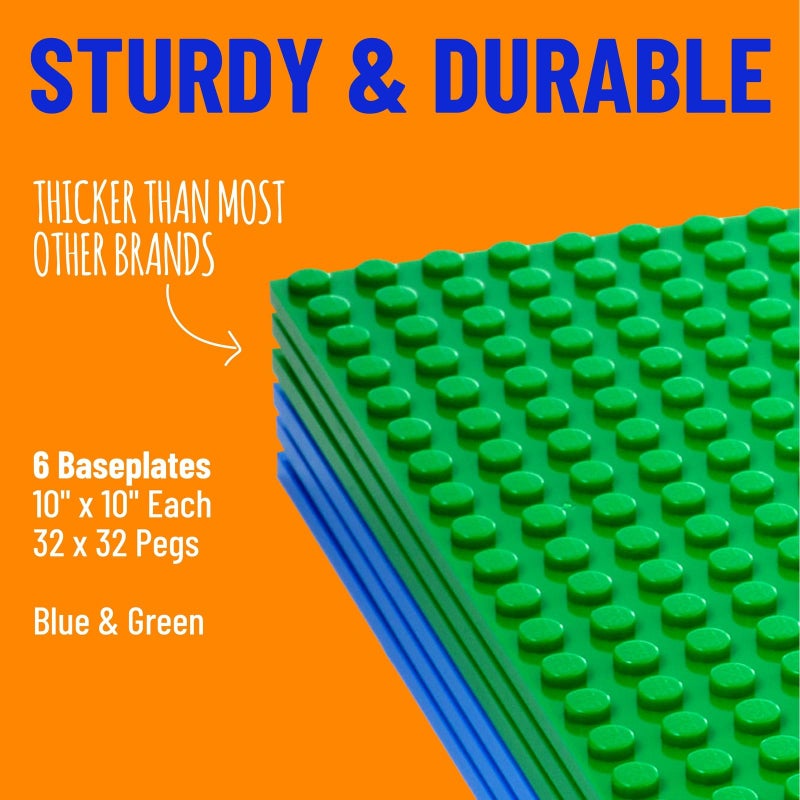 Strictly Briks Stackable Baseplates - 6 Pack Compatible with Classic Lego & Major Brick Brands, 10 x 10 in with 32 x 32 Studs, Toy Building Plates Boards, Kids Easter Gift, Green Blue - Image 2